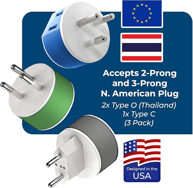 OREI Thailand Power Plug Adapter with 2 USA Inputs - Travel 3 Pack - 2 x Type O, 1 x Type C (US-18) Safe Grounded Use with Cell Phones, Laptop, Camera Chargers, CPAP, and More