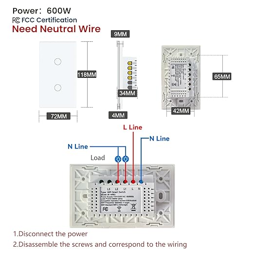 Smart Light Switch 3 Way Need Neutral Wire,FCC Certified,2.4GHz WiFi Switch Glass Panel APP Control Timer Work with Tuya/Smart Life,Alexa and Google Home,White 2 Gang