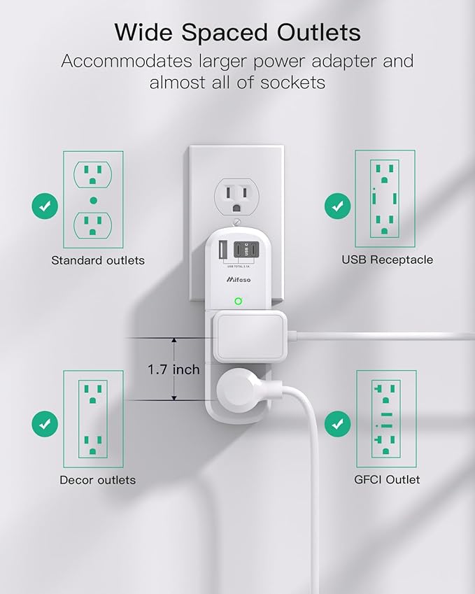 PD20W USB Outlet Extender Surge Protector - with Rotating Plug, 6 AC Multi Plug and 3 USB Ports (2 C), 3-Sided Swivel Power Strip Spaced Splitter for Home, Office, Travel