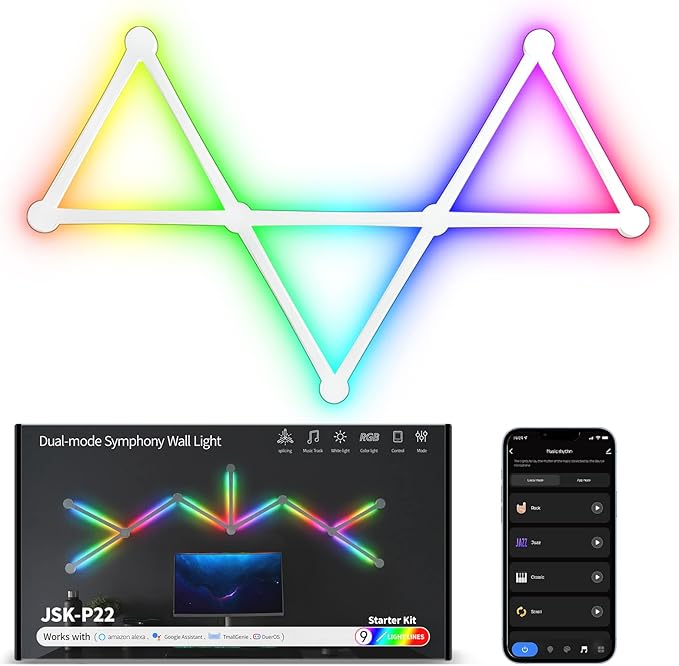 Smart WiFi RGB LED Wall Light Lines 16M+ Color LED Dimmable Music Sync Gaming Room, Bedroom, Led Home Wall Decor Light Bars Kit Compatible with Alexa and Google Assistant (9 LED Light Lines)