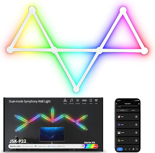 Smart WiFi RGB LED Wall Light Lines 16M+ Color LED Dimmable Music Sync Gaming Room, Bedroom, Led Home Wall Decor Light Bars Kit Compatible with Alexa and Google Assistant (9 LED Light Lines)