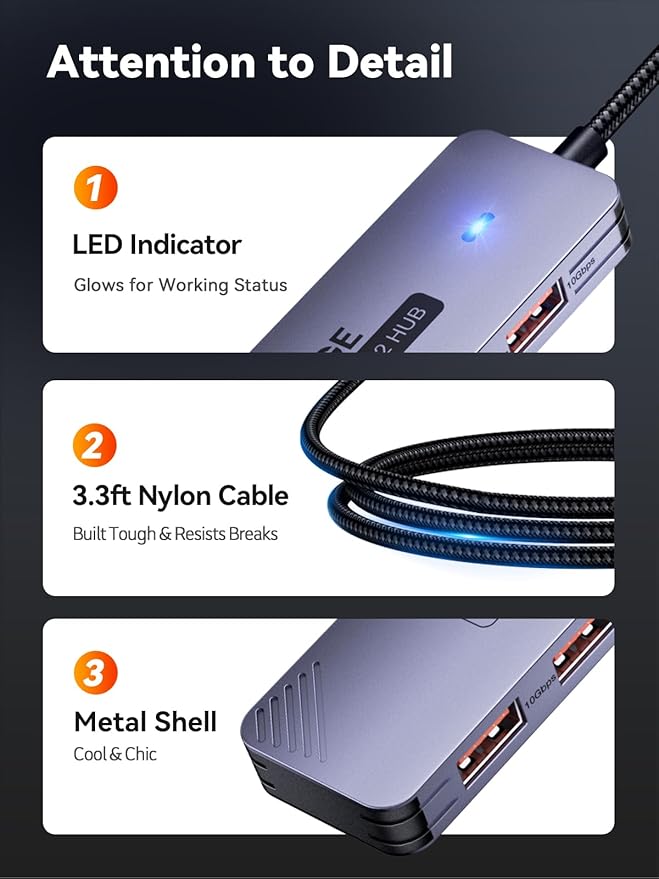 USB C Hub 10Gbps, Type C to USB Multiport Adapter, USB C to USB Extender USB 3.2 Gen 2 Protocol, for MacBook, iMac, Surface, Mobile HDD, and More (3.3ft USB-C Connector, Charging Not Supported)