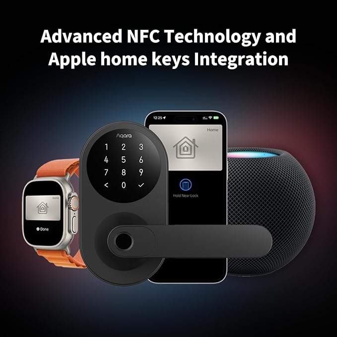Aqara Smart Lock U300, Fingerprint Keyless Entry Door Lock with Handle, Matter Over Thread with Apple Home Keys, Touchscreen Keypad, Smart Lever Lock Supports Apple Home, Alexa, Google, IFTTT, Black