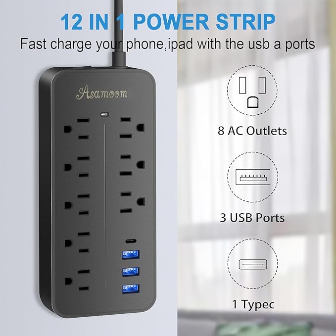 20FT Surge Protector Extension Cord with Flat Plug, 8 Outlets, 3 USB A & 1 USB-C Port, 1700J Wall Mount Desk Power Strip Black, ETL Listed