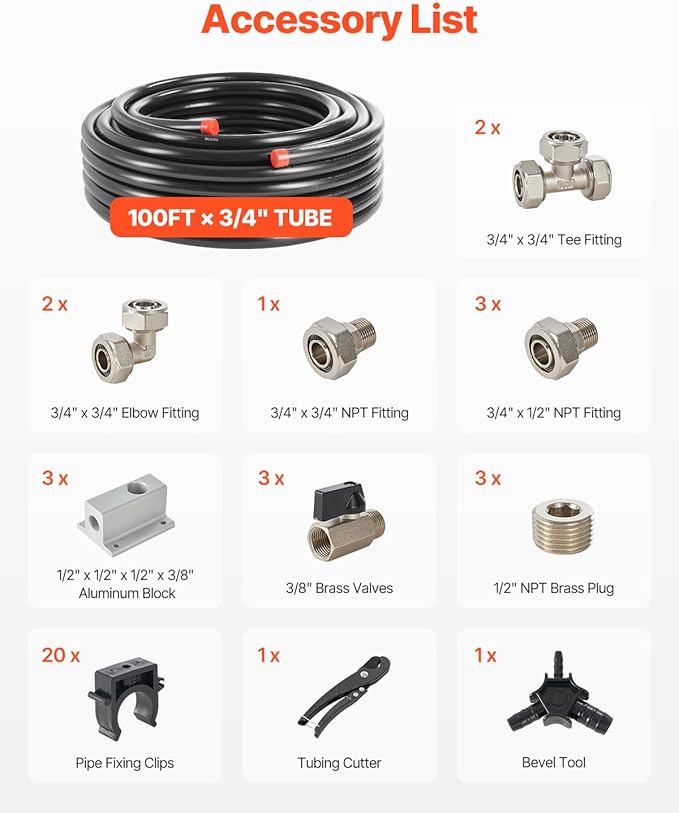 VEVOR Air Compressor Line Kit, 100FT x 3/4", HDPE-Aluminum Compressed Air Piping System, Leak-Proof, Pressure-Resistant & Easy-to-Install, Compressed Air Line Tubing Kit for Garages Workshops, Black