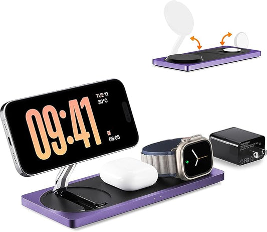 PETINO Mag-Safe Charger Stand, 3-in-1 Magnetic Wireless Charging Station for Apple Devices, iPhone 15/14/13/12 Series, Apple Watch, AirPods Pro (Purple)