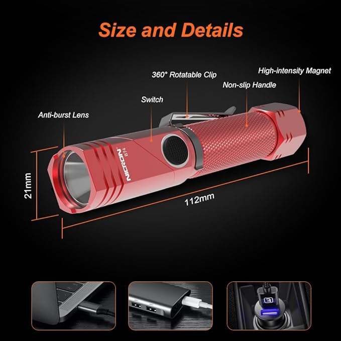 NICRON Flashlight, 700 Lumens 90 Degree Pocket Flashlight Rechargeable IP65 Waterproof 5 Modes for Camping, Outdoor, Hiking, Car Repairing, Red