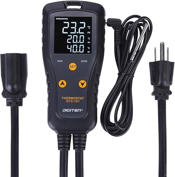 DIGITEN 110V 15A Temperature Controller DTC151 Plug in Thermostat Outlet Digital Temperature Controller for Heat Mat Reptile Greenhouse Aquarium, Heating/Cooling Mode