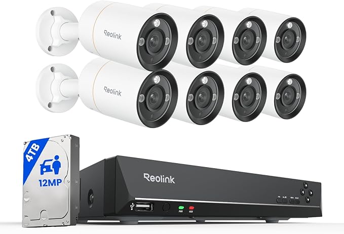 REOLINK 12MP Security Camera System Commercial, 8pcs H.265 12MP PoE Security Cameras Outdoor, Person Vehicle Pet Detection, Spotlight Color Night Vision, 16CH NVR 4TB HDD, RLK16-1200B8-A