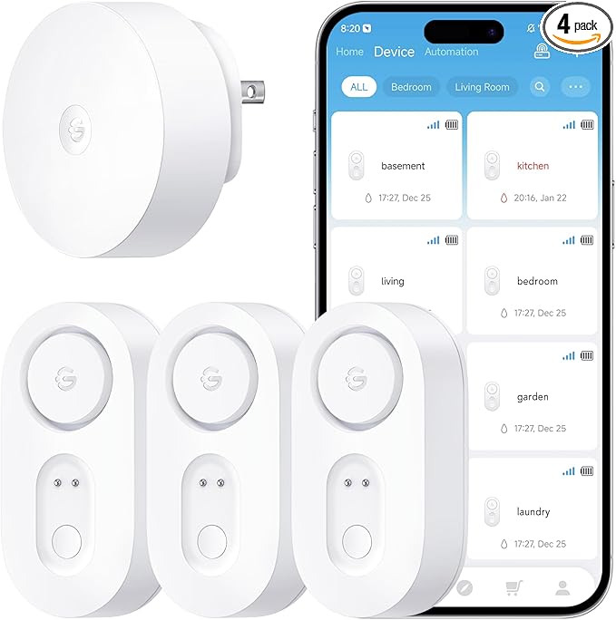 GoveeLife Upgraded Smart Water Leak Detector 1s with 1804ft Ultra-Long Range, WiFi Water Sensor with SMS/Email/APP Push and Sound Alarm, 5-Year Battery Life, Suit for Home, Basement, Kitchen, 3 Pack