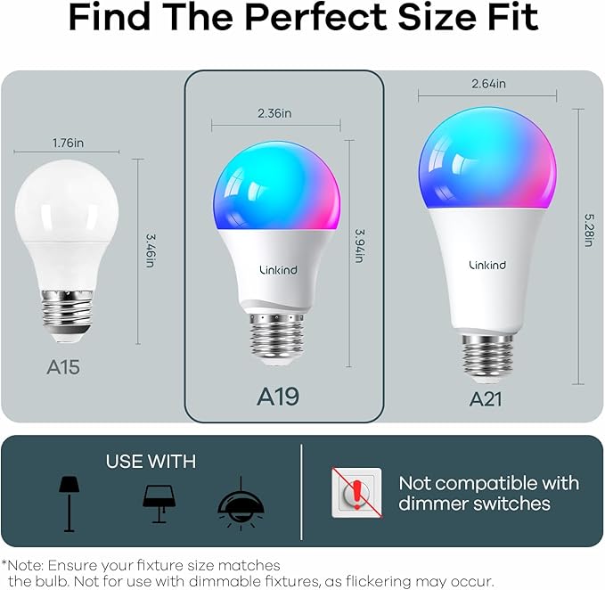 Linkind Smart Light Bulbs, 1100LM (75W Equivalent) Smart Bulb, Work with Alexa & Google Home, RGBTW Color Changing Bulbs Music Sync, 2.4GHz Wi-Fi & Bluetooth, LED Alexa Light Bulbs 11W, A19 E26, 2Pack