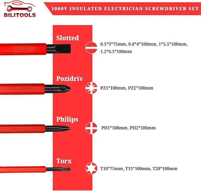 BILITOOLS 1000V Insulated Electrician Screwdriver Set - 13pcs Electrical Tools Kit with Magnetic CR-V Steel Tips, Insulated Handle, Phillips, Slotted, Pozi, Torx Screwdrivers, VDE & GS Certified