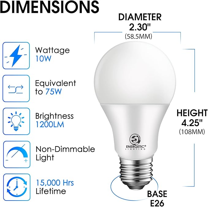 Energetic Light Bulbs 75 watt, Super Brightness 1200LM, Soft White 2700K, Non-Dimmable A19 LED Bulb, E26 Standard Base, UL Listed, 4 Pack