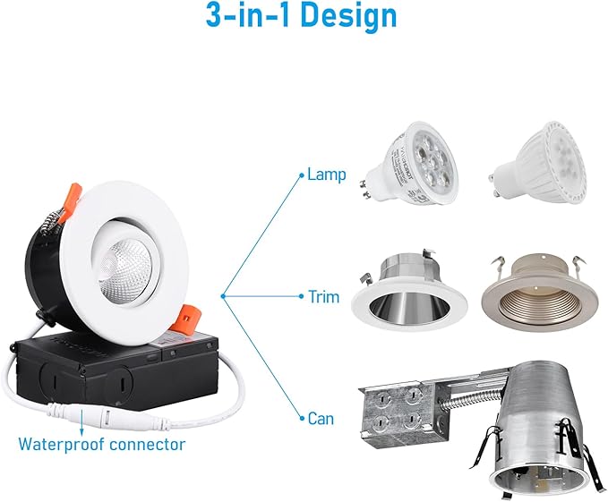 TORCHSTAR 12-Pack 3 Inch Gimbal LED Recessed Light with Junction Box, 7W CRI90+ Dimmable Adjustable Eyeball Canless LED Downlight, 5000K Daylight, Airtight IC, ETL