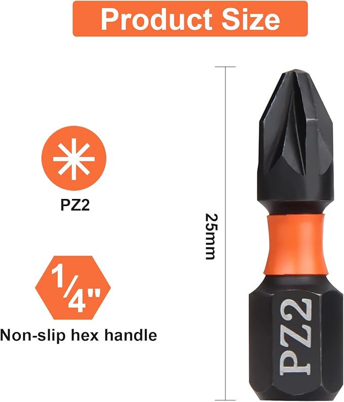 Pro PZ2 Bit Assortment - Screwdriver Bits Set 20Pcs, 25mm Length, Pozi Screwdriver Bit, 1/4 Inch Hex Shank, with Storage Box