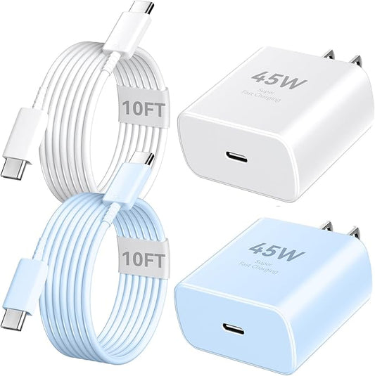 Auorld 45W Super Fast USB C Charger Block with 10FT Long Charging Cord Cable for Phone 16 Pro Max/16 Pro/16/16 Plus, 15 Pro Max/15 Pro/15, Android Phone - White&Blue