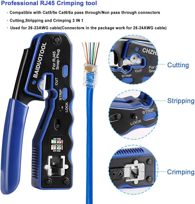 RJ45 Crimp Tool Pass Through Crimper Ethernet Crimping Tool Wire Crimper Stripper Cutter for Cat5e Cat6 Cat6a 8P8C Modular Connectors Ethernet Crimper Tool with mini yellow stripper