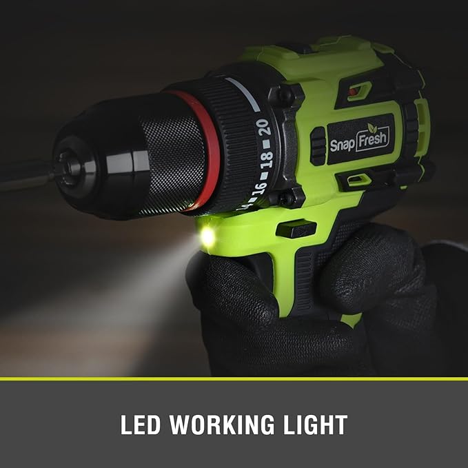 SnapFresh 20V Cordless Brushless Drill Driver, 1/2" Compact Power Drill Set with 500 in-lbs Torque, 20+1 Clutch & 2 Variable Speeds, LED, 2.0Ah Battery & Fast Charger, Electric Tool Kit for Home & DIY