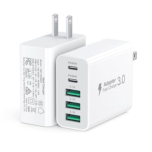 60W Fast Charger Block,2-Pack USB C Wall Charger,5-Port Dual 30W PD Charging Adapter+QC 3.0 Wall Plug Multiport Total Power 60W Type C Charging Cube Brick for iPhone 16/15/14/13/Pro Max,iPad,Galaxy