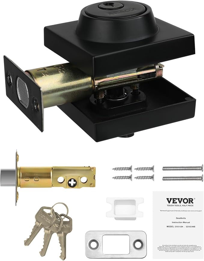 VEVOR Deadbolt Lock, Square Single Cylinder Dead Bolt, Keyed 1 Side, Fits Standard Size Interior and Exterior Doors, Full Metal, with 3 Keys, for Front Entry Door Residential Security, Matte Black