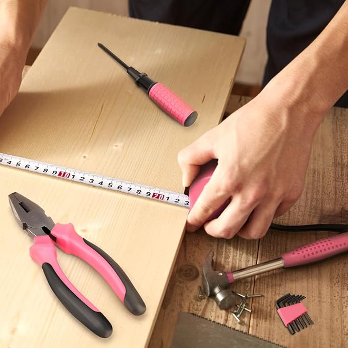 13 Piece Pink Tool Set, Mini Tool Box for Women. Home Tool Kit with Plastic Storage Toolbox for All Purpose Office, Garage, Apartment and College Dorm