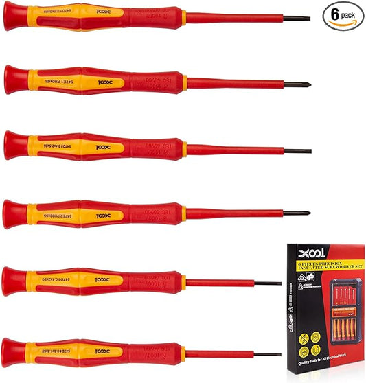 XOOL 6PCS 1000V Insulated Precision Electrician Screwdrivers Set, Slotted and Phillips Magnetic Tip, Chrome Vanadium Steel, VDE & GS Certified for Safe Electrician Repair