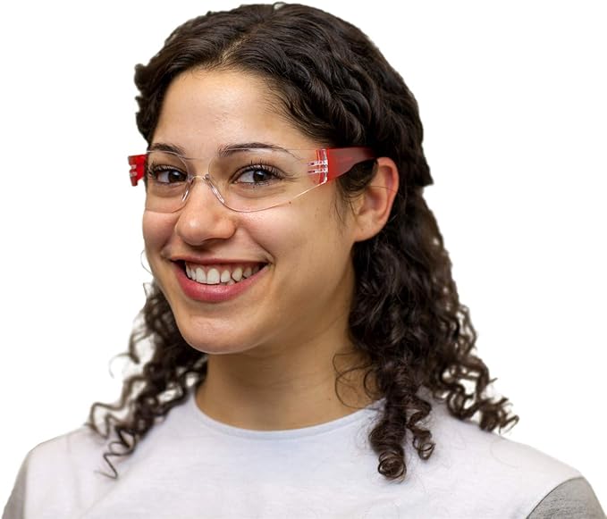 BISON LIFE Clear Lens Color Temple Safety Glasses | One Size, Adult, Youth, Clear Protective Polycarbonate Lens Color Temple, Red, 24 PAIRS