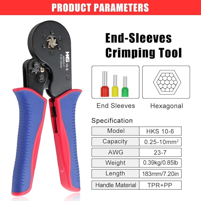 HKS Ferrule Crimping Tool AWG 23-7, Hexagonal Ratchet Self-Adjusting Crimper for End-Sleeve Terminals