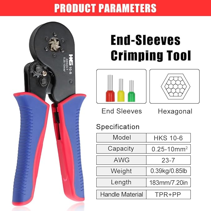 HKS Ferrule Crimping Tool Kit - Hexagonal Ferrule Crimper Plier (AWG 23-7) with 1900pcs Wire End-Sleeves Terminals Kit