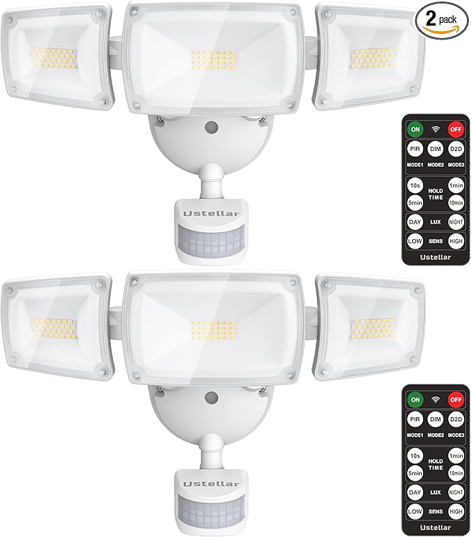 USTELLAR 55W Security Lights Motion Outdoor with Remote, Motion Sensor Outdoor Light Dusk to Dawn 5500LM 5000K, IP65 Waterproof, Motion Detected Flood Lights Wired for Yard, House, 2 Pack