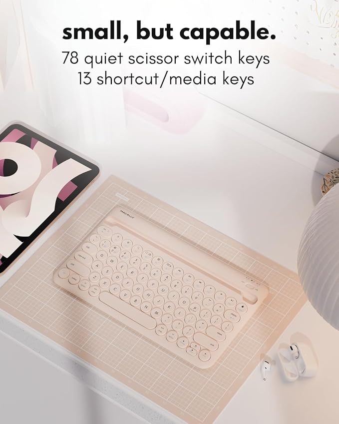 Macally Bluetooth Keyboard for Tablet | Wireless Keyboard for iPad mini/Pro/Air, iPhone (Multi-Device, Built-in Stand, Portable, Rechargeable) - Boba Brown
