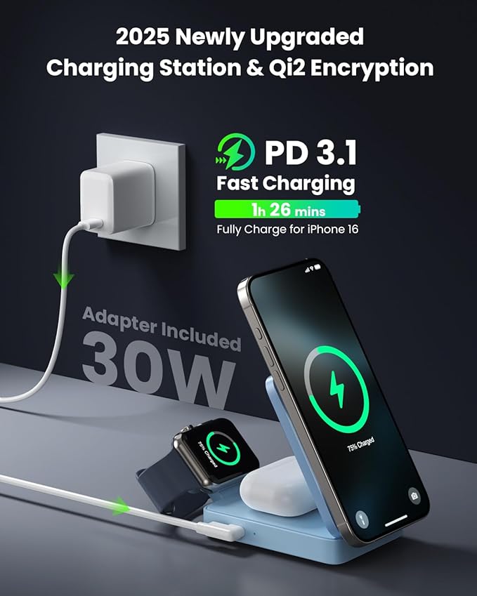 3-in-1 Wireless Charger Charging Station for iPhone, Qi2 Certified 15W Fast Charging Foldable Magnetic Charger Stand with 30W USB C Adapter for MagSafe iPhone 16/15/14/13/12, Apple Watch, AirPods