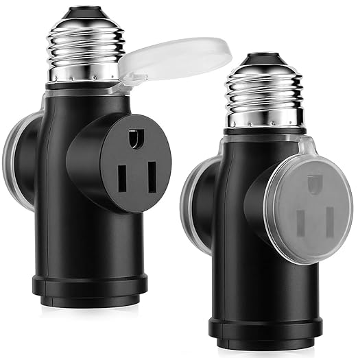 Onite Light Socket Outlet Adapter, Update to 3 Prong Plugs for Outdoor/Indoor with Waterproof and Dustproof Cover, (Black, 2-Pack)