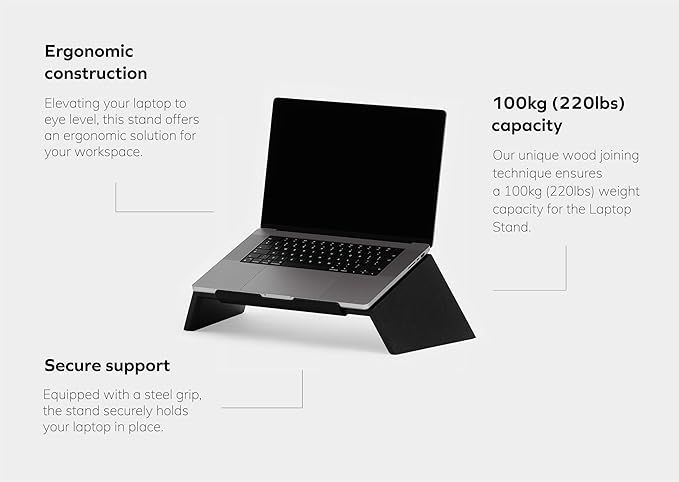 Oakywood Wooden Slanted Laptop Stand for Desk - Convenient Riser & Holder - Ergonomic Wood Stand - 45x22x14cm - for 13-14" Laptops Black