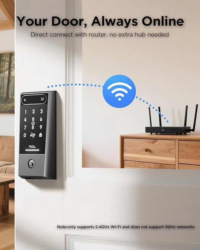 TCL D2 Pro Smart Lock with Palm Vein Recognition, Wi-Fi Keyless Entry Deadbolt Door Lock, Built-in Doorbell, IP55 Waterproof, 10000mAh Rechargeable Battery, Auto Lock for Front Door (Dark Grey)