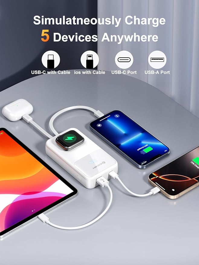 NEWDERY 20000mAh Portable Charger for Apple Watch,5-in-1 Power Bank Built-in Cables,PD 20W Fast Charging Travel Battery Pack with USB C Cable for iWatch,iPhones,iPad,Samsung More Phones Tablets
