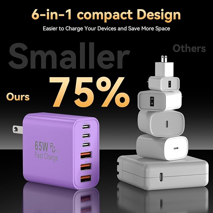 USB C Charger Block, 65W USBC Wall Charging Blocks 6-Port PD & QC Power Adapter Multiport Type C Fast Chargers Plug Cube Brick for iPhone 16/15/14/13/12/Pro Max,iPad Pro,Samsung Galaxy S25 Purple