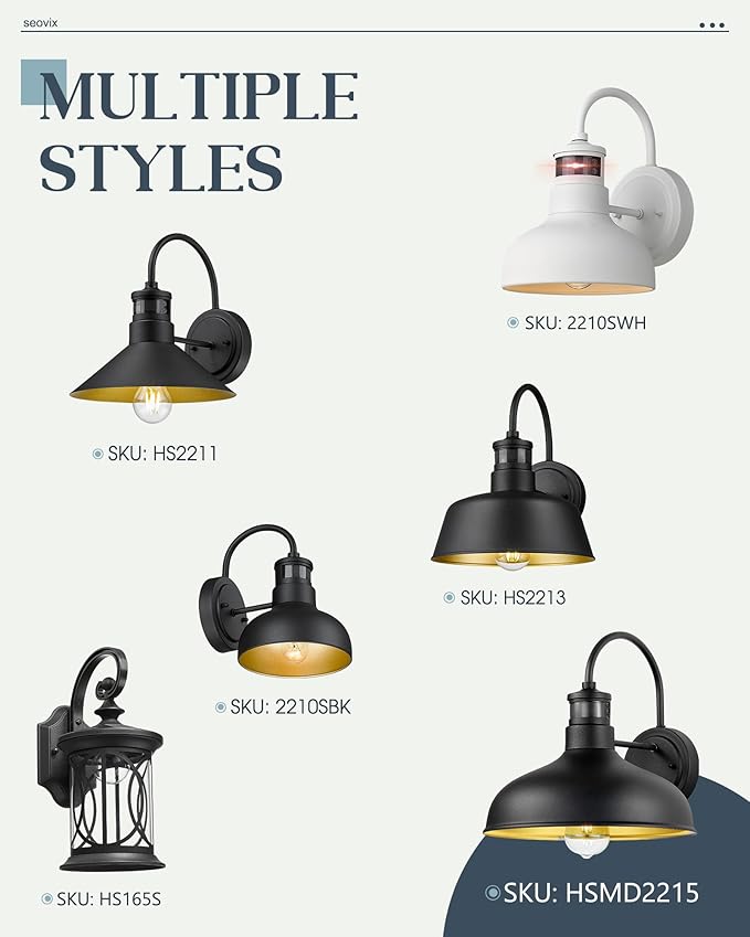 2 Pack 12" Motion Sensor Barn Lights, Outdoor Wall Lights with Dusk to Dawn Feature, IP65 Waterproof Farmhouse Gooseneck Light for House, Patio, Garage，HSMD2215-2