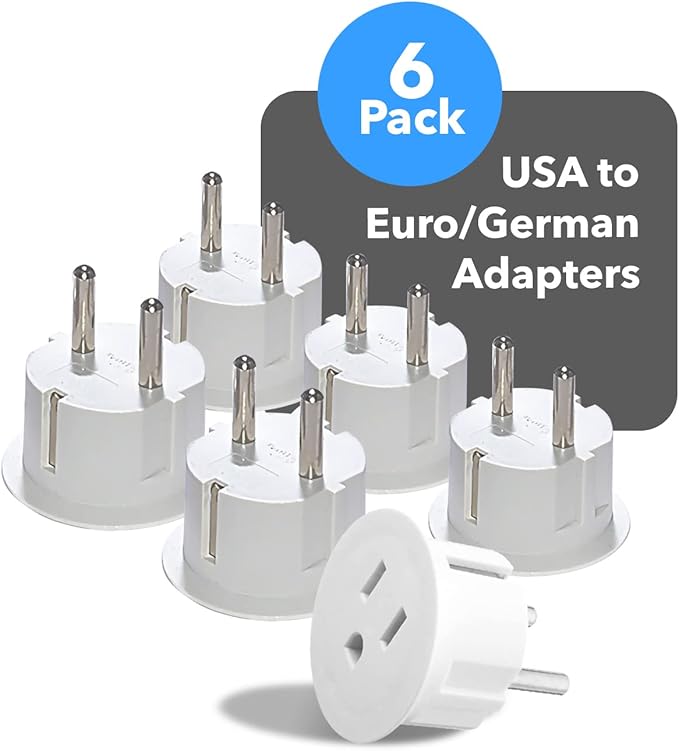 OREI American USA To European Plug Adapter – Type E/F Schuko Plug Adapter - Use in Germany, France, & More - CE Certified – For Mobile, Laptop & Camera Chargers - 6 Pack