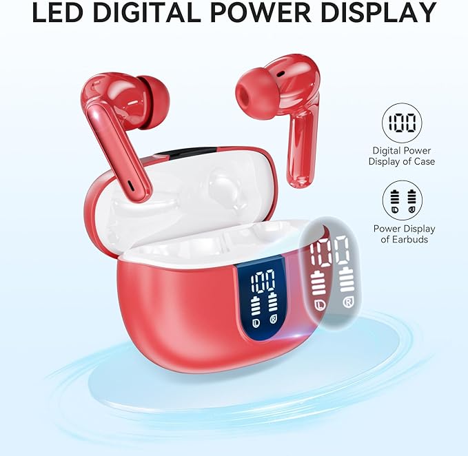 Wireless Earbuds, Bluetooth 5.3 Headphones 40Hrs Playtime Deep Bass Stereo, LED Power Display, Call Noise Canceling Headphones with Mic, IP7 Waterproof Earphones for iOS Android Red
