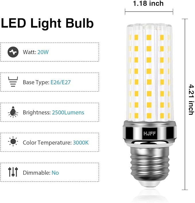 LED Corn Light Bulb 4pcs 200w Equivalent 2500 Lumen 3000K Cool Daylight White 20W E26/E27 Base Non-dimmable Ceiling Fan Led Light Bulb for Home Garage Warehouse Indoor Outdoor Led Corn Bulb