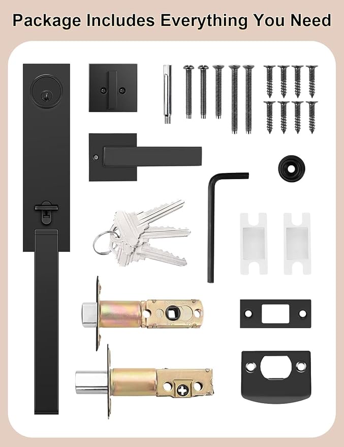 2 Pack Full Escutcheon HandleSet Front Door Entry Handle and Deadbolt Lock Set Slim Square Single Cylinder Deadbolt and Lever Heavy Duty – Matte Black Finish