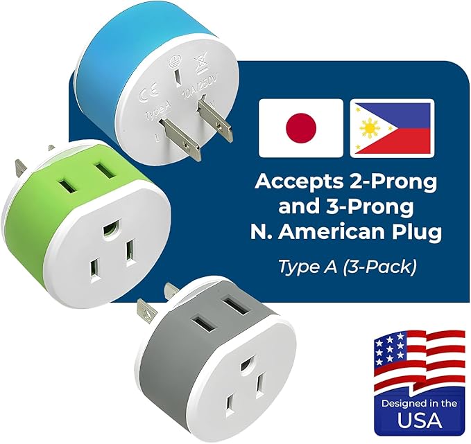 OREI Japan, Philippines Power Plug Adapter with 2 USA Inputs - Travel 3 Pack - Type A (US-6) Safe Use with Cell Phones, Laptop, Camera Chargers, CPAP, and More