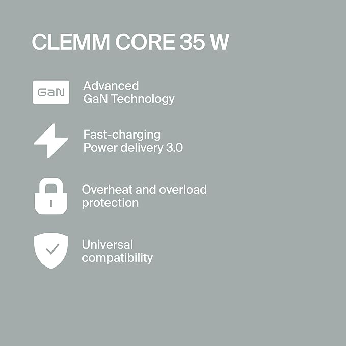 Clemm Core 35W USB-C Charger, GaN PPS, 3-Port USB-C/USB-A Charger, Compatible with iPhone 16/15/14/13/12/11, Galaxy S24 Ultra/S23