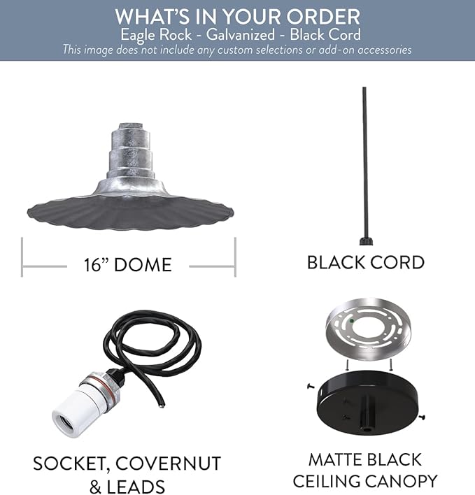 Steel Lighting Co. Eagle Rock Pendant | Ceiling Mounted Light | 16 inch Radial Wave | Black Cord | Heavy Duty Steel Retro Farmhouse Style Made in America | Galvanized Exterior/Galvanized Interior