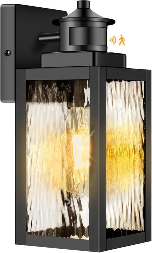 Brightever Motion Sensor Outdoor Lights Fixture, Dusk to Dawn Exterior Porch Light Wall Mount with Water-Rippled Glass, Black Modern Outside Wall Sconce Lanterns for House, Garage, Bulbs Not Included
