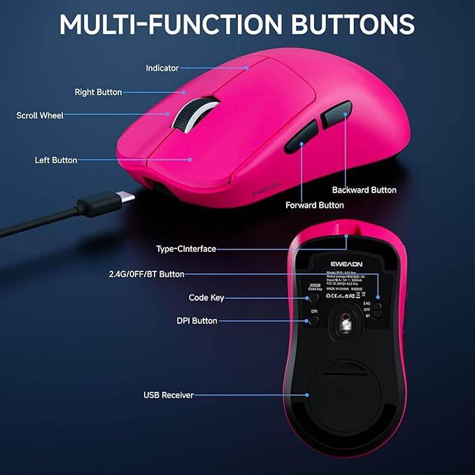 EWEADN X23Pro Wireless Gaming Mouse, 2.4G/BT5.0/USB-C Esports Gaming Mouse, 49g Lightweight Mouse Gaming, 12000 DPI Wireless Mouse with 6 Programmable Buttons,For Laptop/PC/Mac, Raspberry Pink
