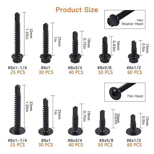 410 Stainless Steel #8Self Tapping Screws Assortment Kit 410PCS,Self Drilling Modified Truss Head & Hex Washer Head Sheet Metal TEK Screws 1/2" to 1-1/4'' (1, Black, Hex Head & Truss Head 410 pcs)