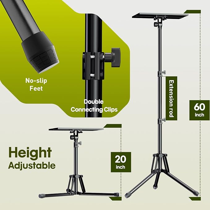 Projector Stand Tripod Adjustable Height 20 to 60 Inch, Portable Laptop Tripod with Gooseneck Phone Holder ＆ Mouse Tray, Projector Stand Outdoor Laptop Floor Stand for Podium,Studio, DJ Racks