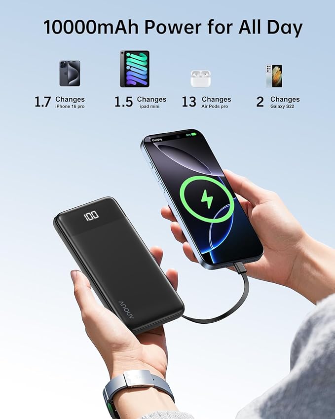 Portable Charger with Built-in Cables 10000mAh Power Bank with Cords, Slim Fast Charging Battery Pack, Travel Essential Portable Charger for iPhone 17/16/15/14/13 Series, Samsung Google Pixel iPad